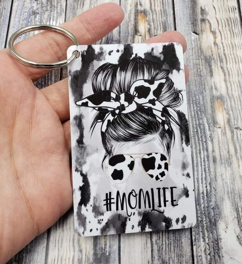 Cow Print Mom Life PVC Keychain