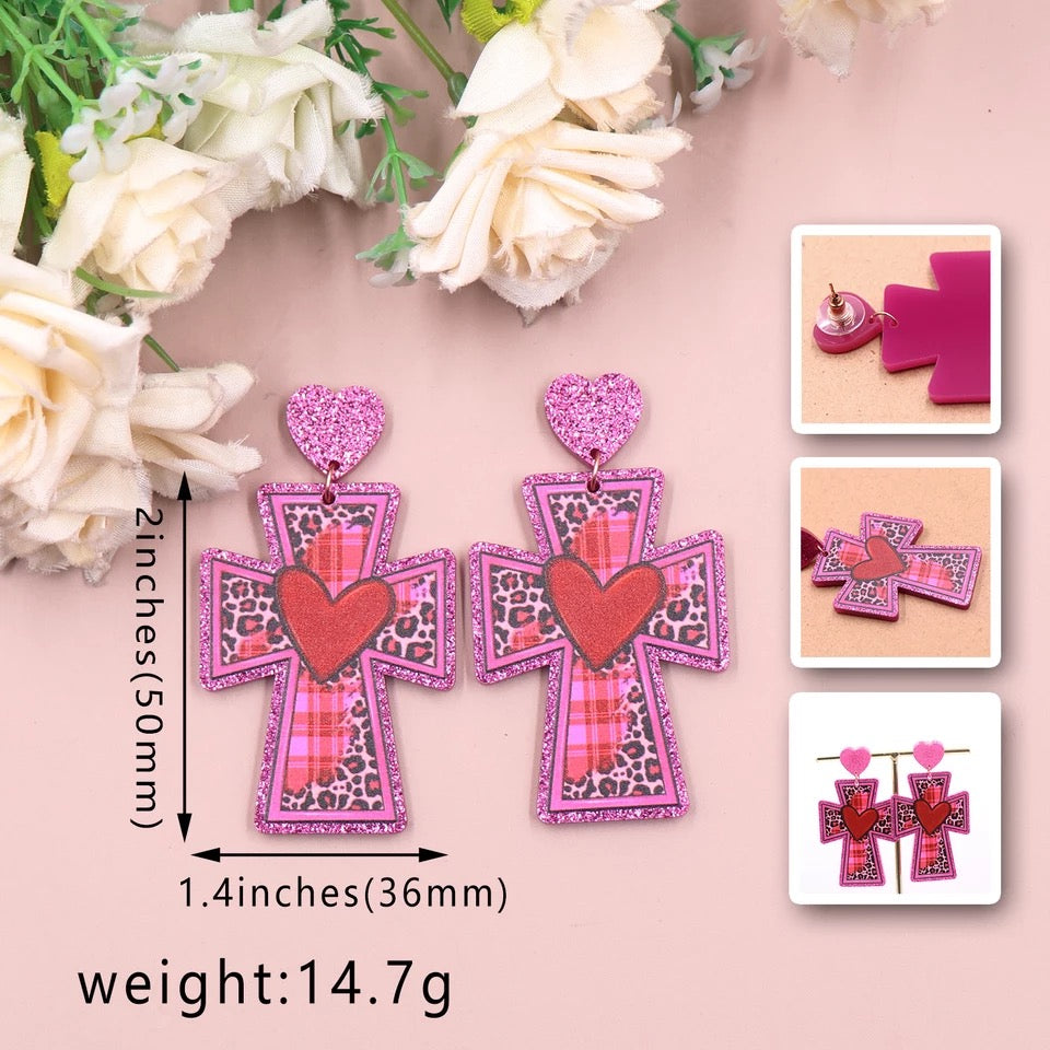 Pink Leopard Cross Earrings