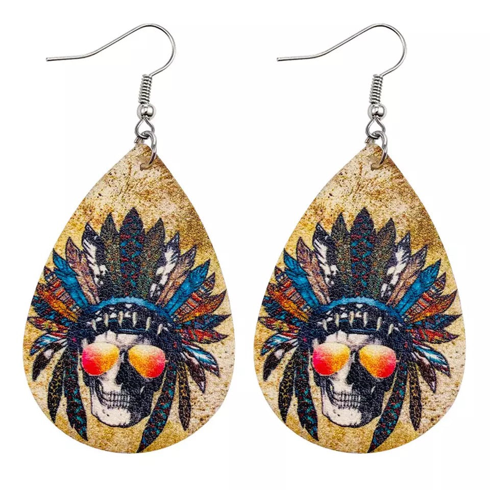 Chief Skull Leather Earrings