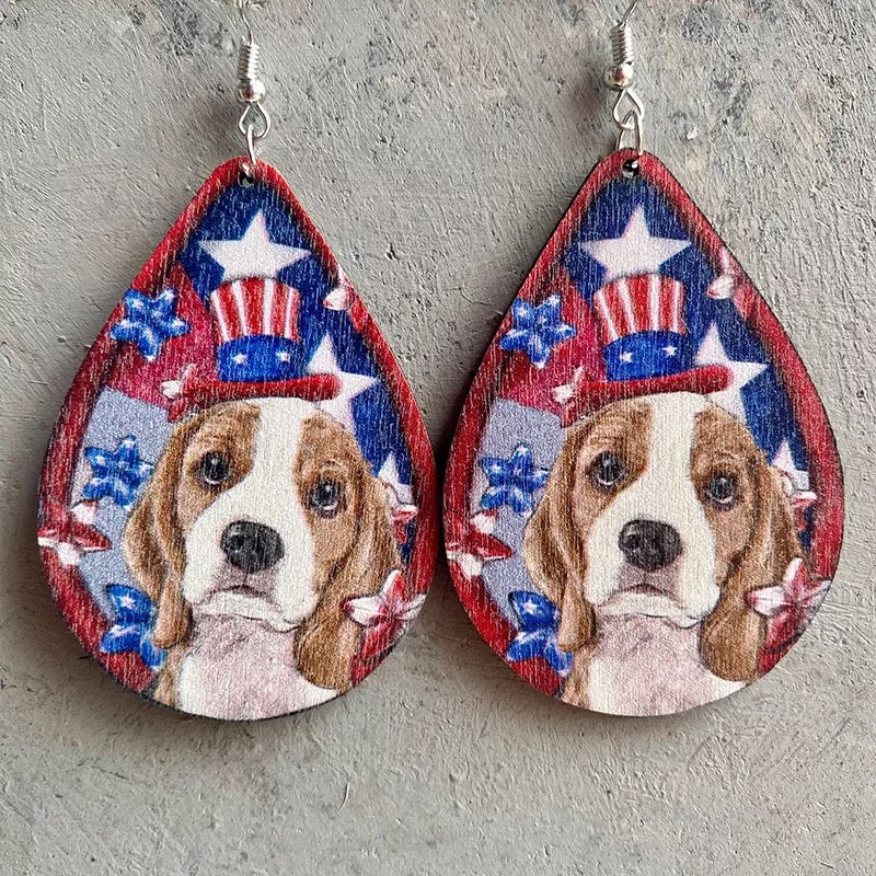 Patriotic Dog Wooden Earrings