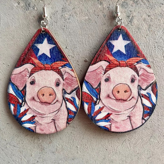 Patriotic Farm Pig Wooden Earrings