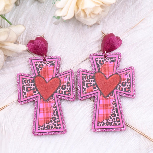 Pink Leopard Cross Earrings